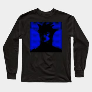 Beautiful girl in strange dark suit, with face mask. Blue, black. Dark. Long Sleeve T-Shirt